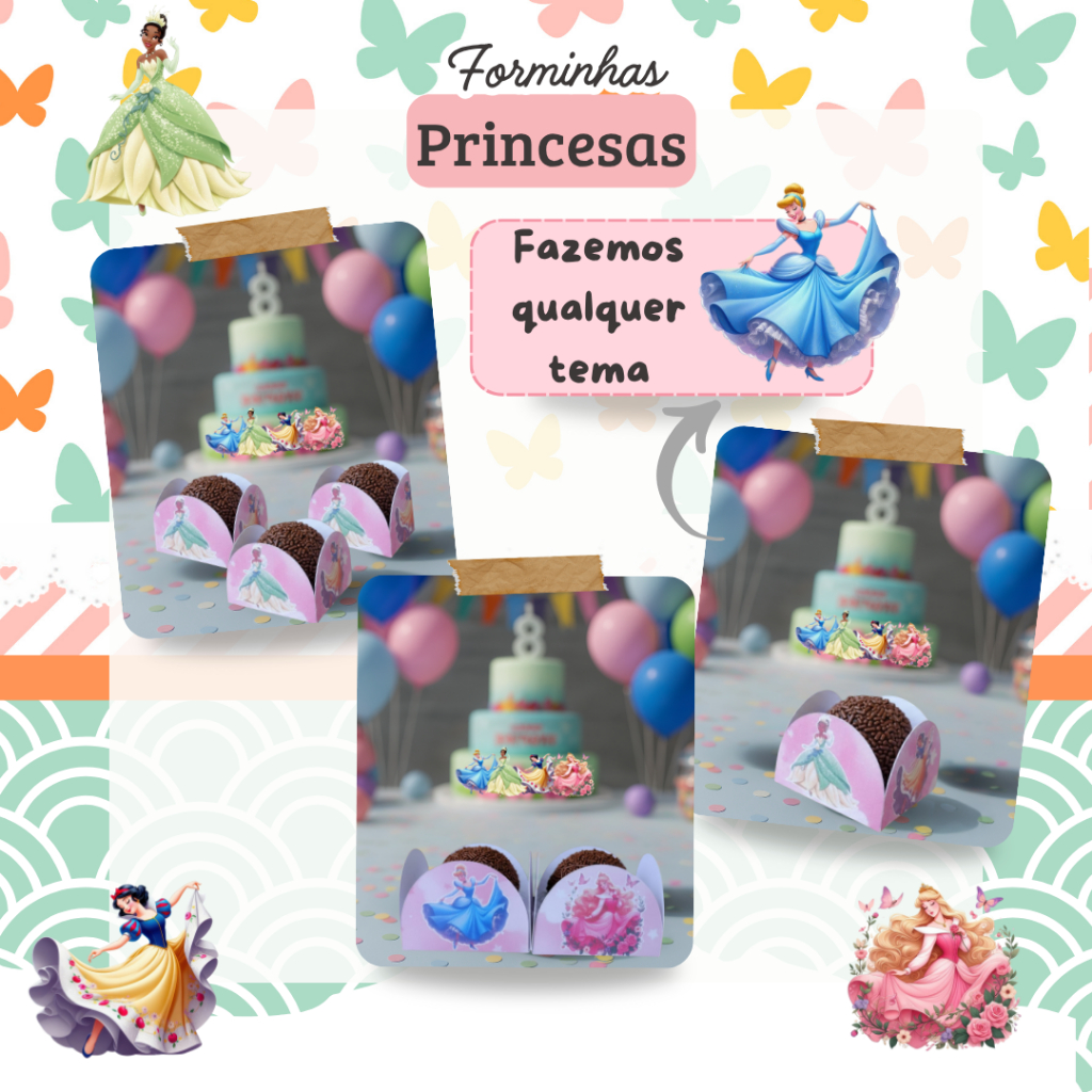 100 Forminhas Princesas Personalizadas de Doce Brigadeiro 4 Pétalas Festa Aniversário
