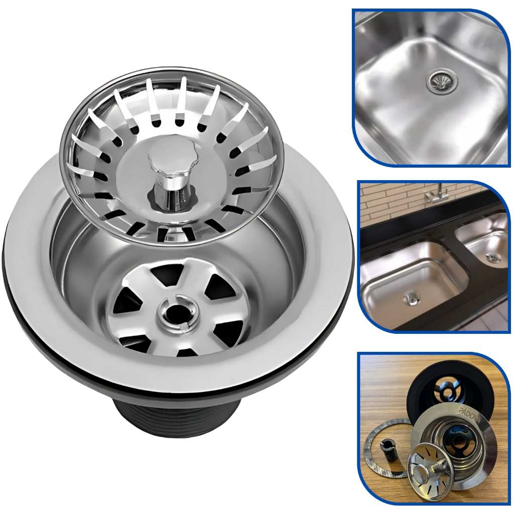 Válvula Americana De Aço Inox 3 1/2 + Cestinha Pia Cozinha Cuba Ralo Universal Padova