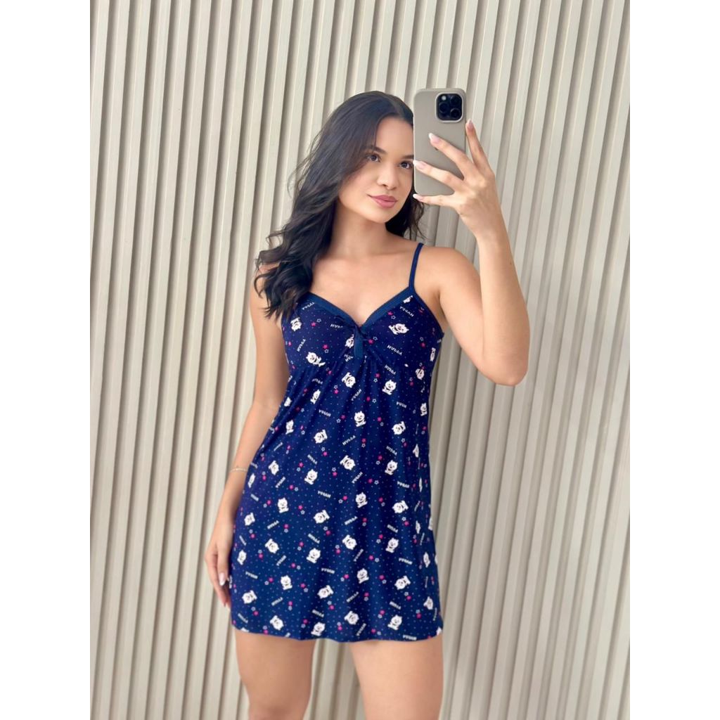 Camisola Feminina Liganete Malha Fria Estampada l Vestido Roupa de Dormir Adulto M G GG G1