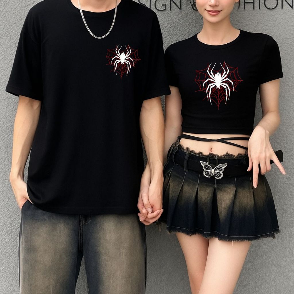 Kit De Casal Duas Peças Cropped E Camiseta Larga Oversized Estilo Spider Lovers