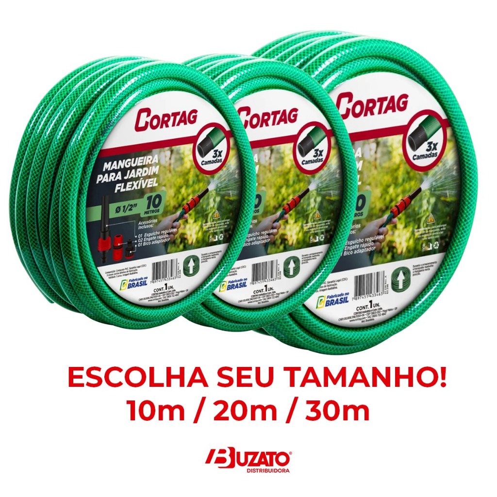 Mangueira de Jardim Cortag Verde 1/2 Polegada Flexível com Engates e Esguicho 10m 20m ou 30m