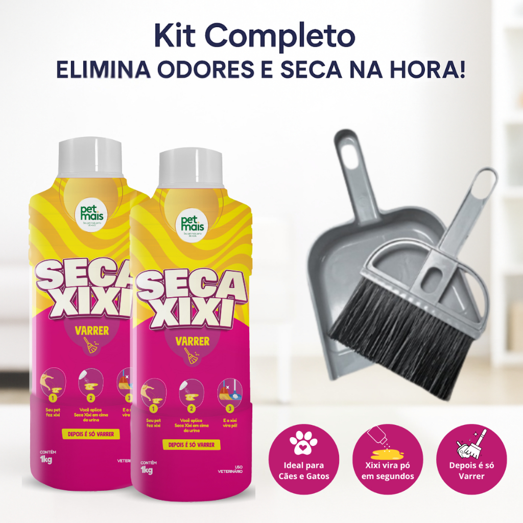 Kit Pet 2 Seca Xixi Varrer Petmais 1kg + Pazinha e Vassoura Sortido - Transforma Xixi em Pó em Oferta na Shopee