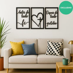Kit 3 quadros Antes De Tudo Fé Depois De Tudo Gratidão de Parede Religioso cabeceira decorativo