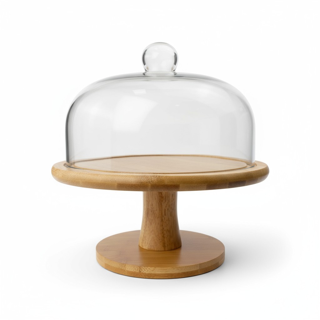 Boleira de Vidro com Tampa Transparente e Suporte em Madeira – Elegância à Mesa AliDoLado