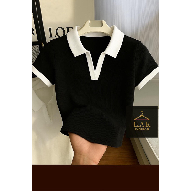 Blusa Polo Feminina Bicolor Manga Curta Ribana Premium Canelada Elegante em Oferta na Shopee