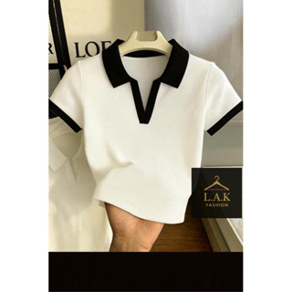 Camiseta Feminina Canelada Gola Polo Detalhe Bicolor Básica Manga Curta Ribana  Algodão Malhado em Oferta na Shopee