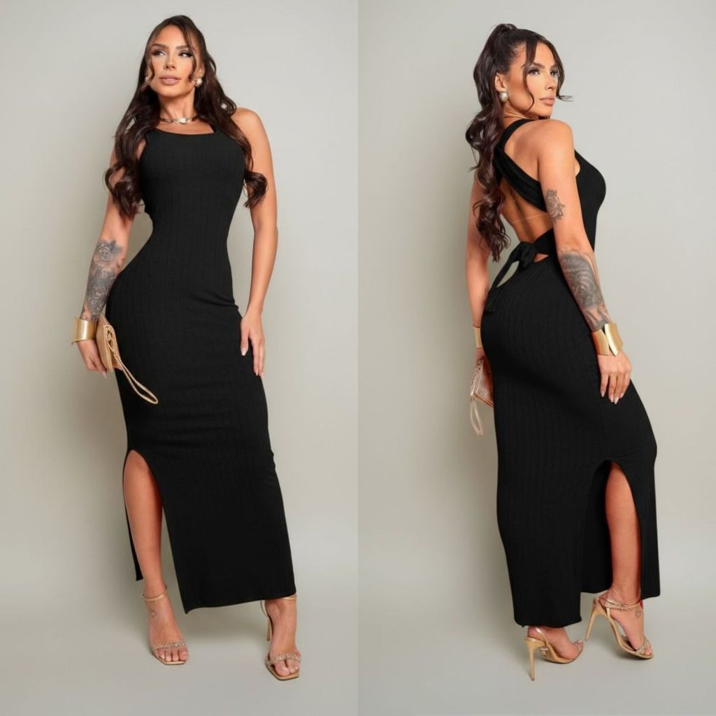 vestido midi com fenda lateral e amarracao nas costas em Oferta na Shopee