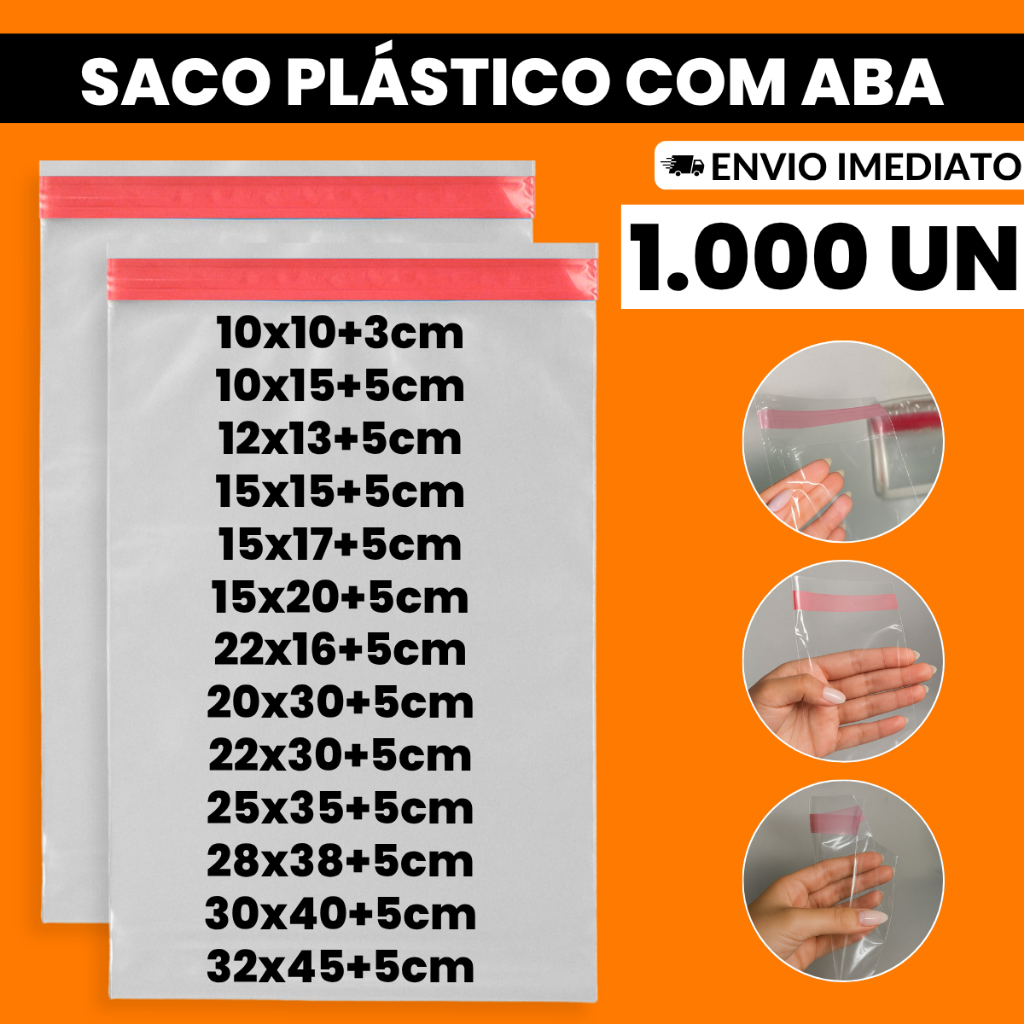 1000un Saco Saquinhos Plástico PP Adesivado Transparente C/ Aba Embalagem Abre e Fecha Varias Medida