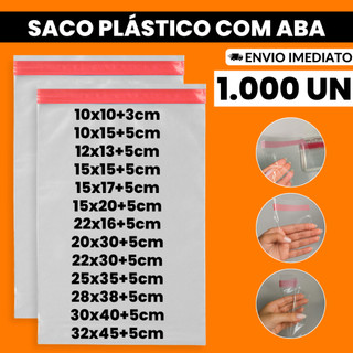 1000un Saco Saquinhos Plástico PP Adesivado Transparente C/ Aba Embalagem Abre e Fecha Varias Medida