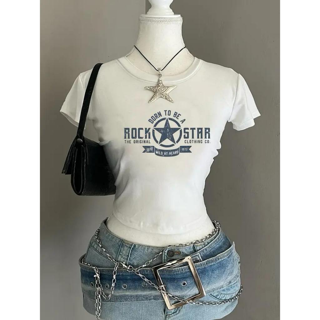 Baby Tee Rock Star camisa de compressão feminina em Oferta na Shopee