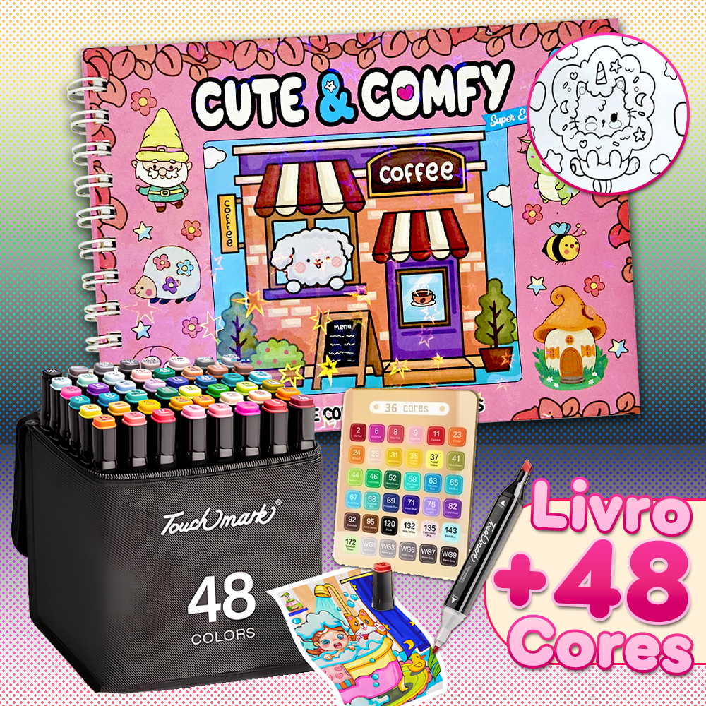 KIT Livro de Colorir + 24/36/48 Marcadores Coloridos a Álcool 2 Pontas Cores Vibrantes