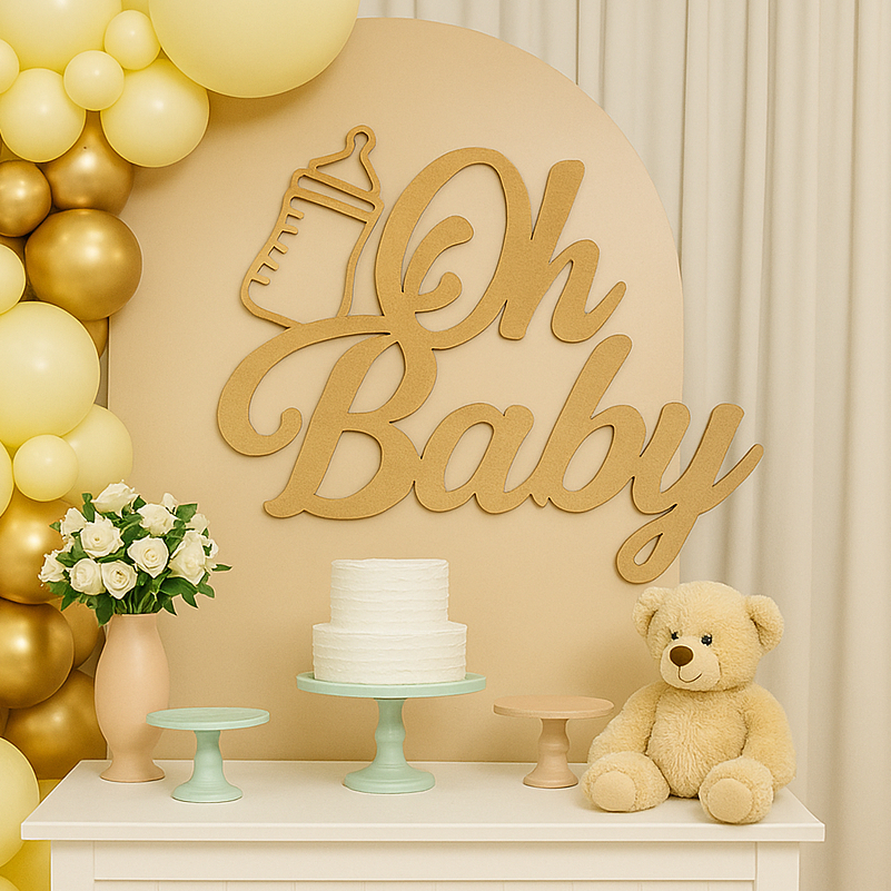Placa Parede em MDF OH Baby Decoração para Chá Revelação 40 cm Painel Festa Bebê Anúncio Gravidez