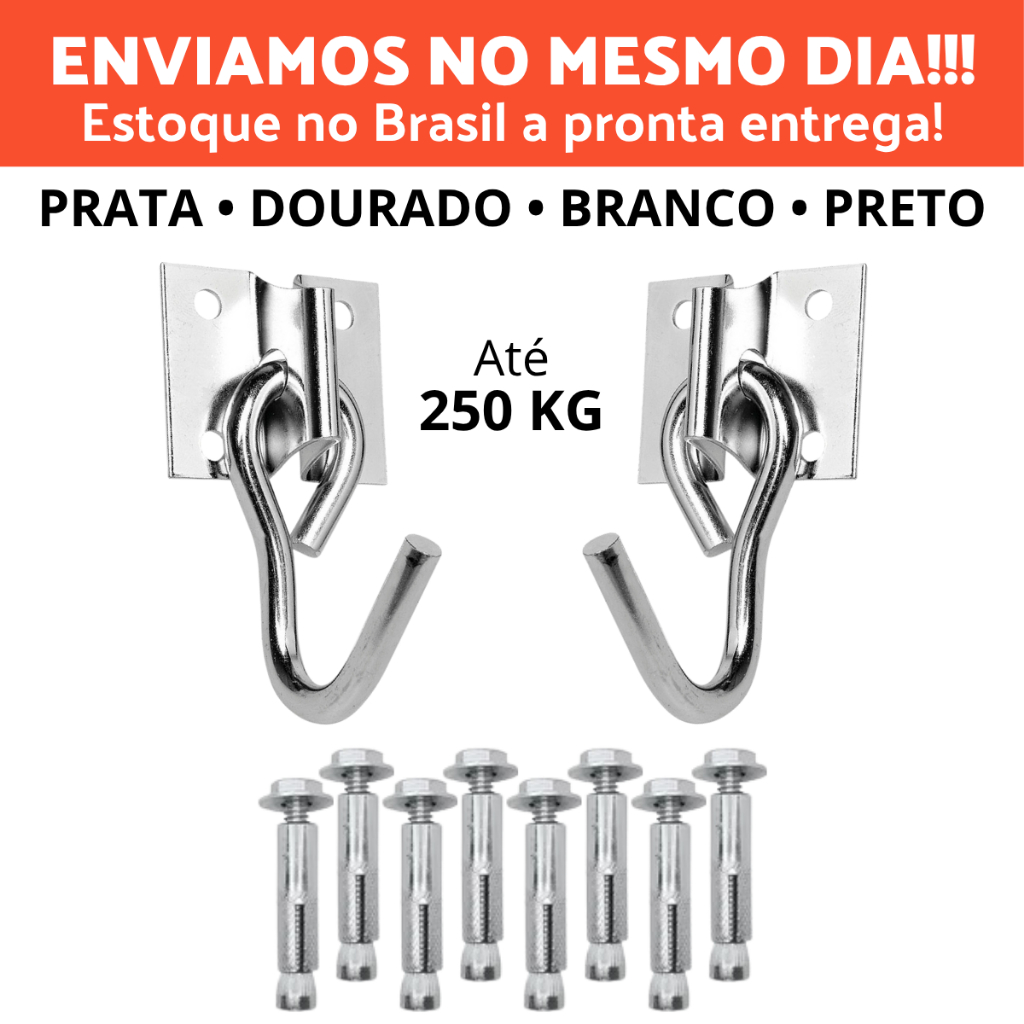 Kit Par de Gancho Armador De Rede De Balanço até 250kg Aço Grosso Reforçado + 8 Chumbadores em Oferta na Shopee