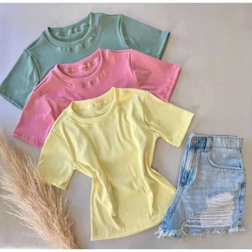 Blusa Camiseta Feminina Bablook Canelada Slim Manga Curta Básica Algodão Gola Redonda Modinha Cores Diversas!
