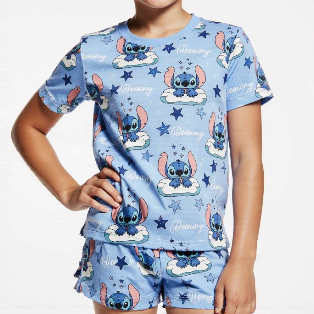 Pijamas Infantil Stitch Menino Baby Estampado com Short Roupa de Dormir Unissex Festa Do Pijama