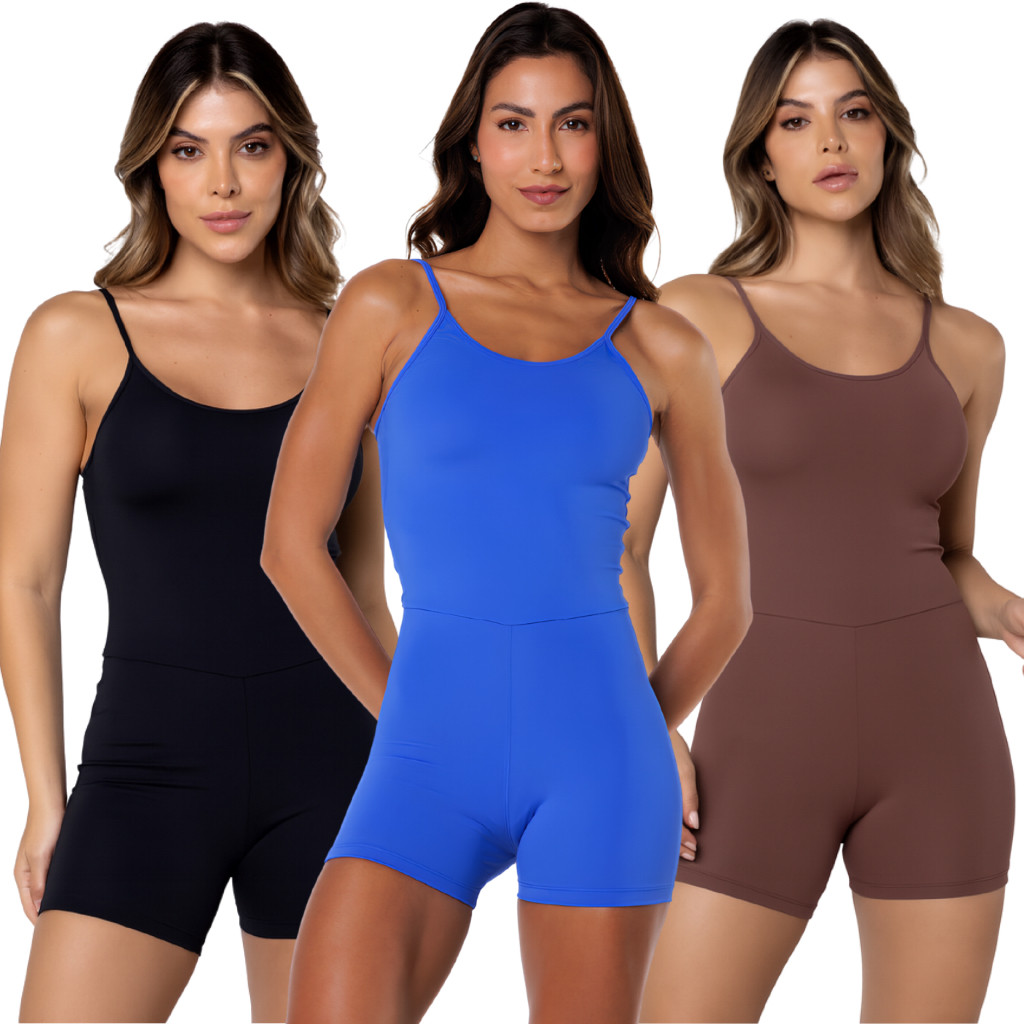 Kit 2  Macaquinhos Fitness Blackout Alcinha Slim Poliamida ZERO TRANSPARÊNCIA Macacão Curto Feminino