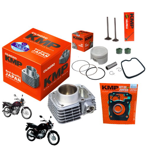Kit Cilindro Motor Completo KMP+Pistão+Válvulas+Kit A+Guarnição Tampa Válvula+Retentor Válvula Fan 09-18/Bros 125 13-15