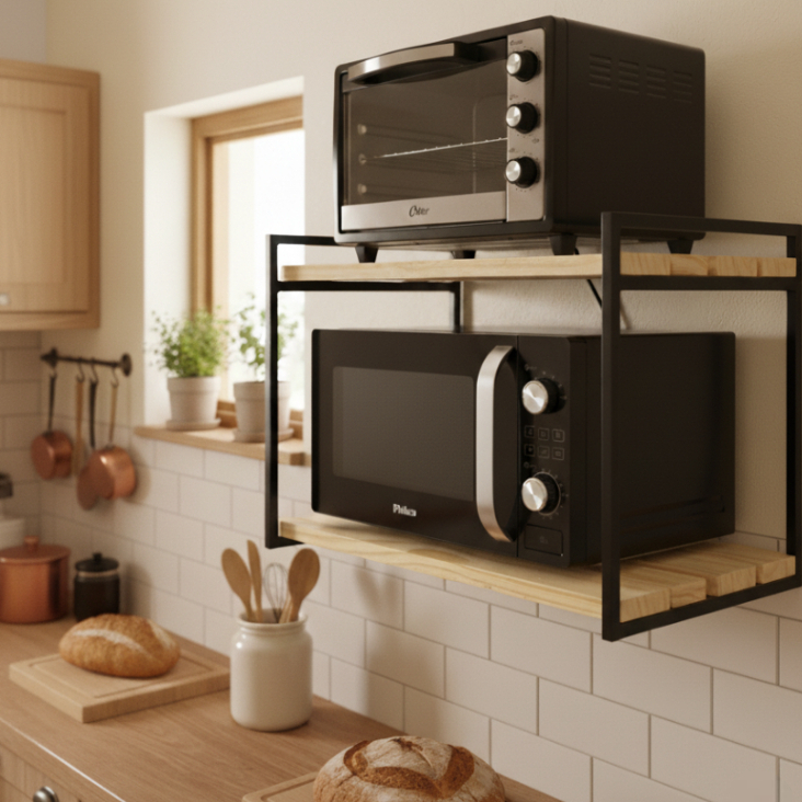 Suporte microondas forno 60cm air fryer impressora prateleira de parede nicho multiuso Pinus Metalon