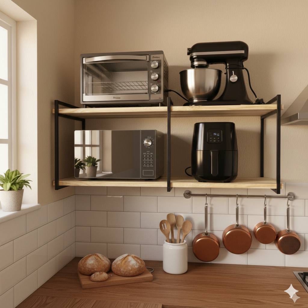 Imagem Suporte microondas forno air fryer impressora prateleira de parede nicho multiuso