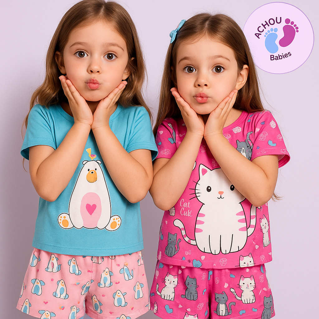 Kit Pijama Infantil Feminino Camiseta Manga Curta + Bermuda – 1, 2, 3 ou 5 Conjuntos Sortidos