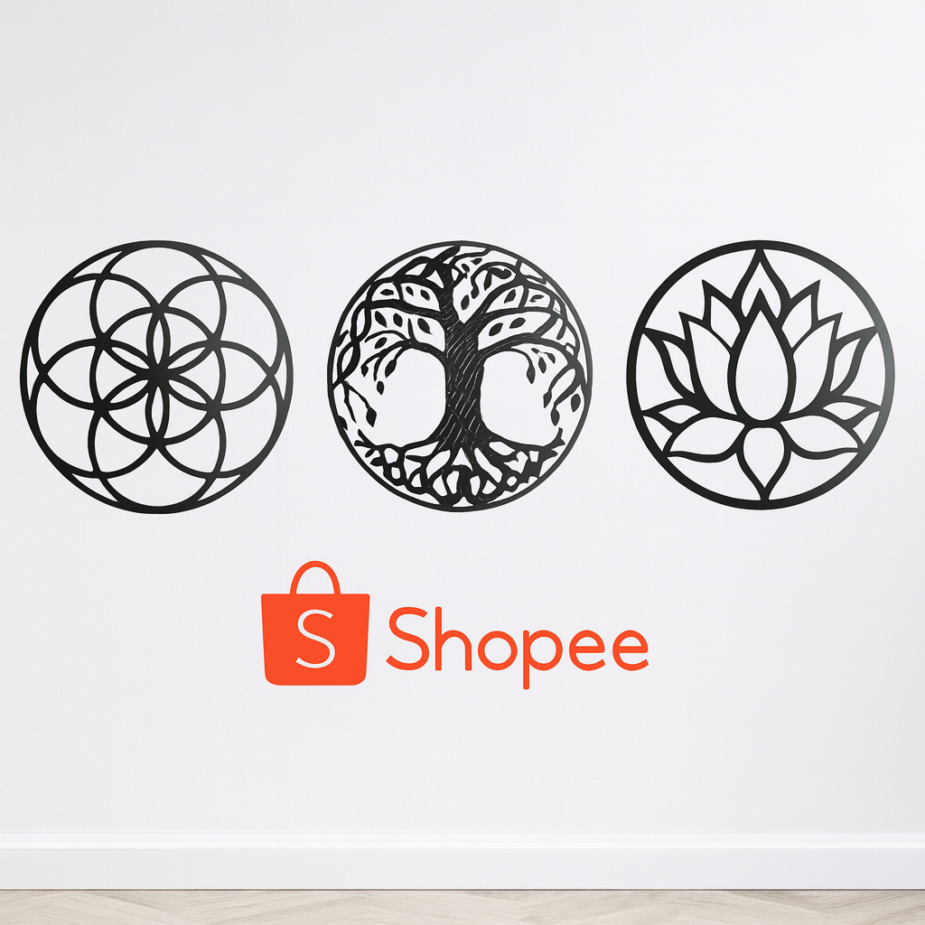 Kit 3 Quadros Decorativos Mandala, Árvore da Vida e Flor de Lótus em MDF Preto
