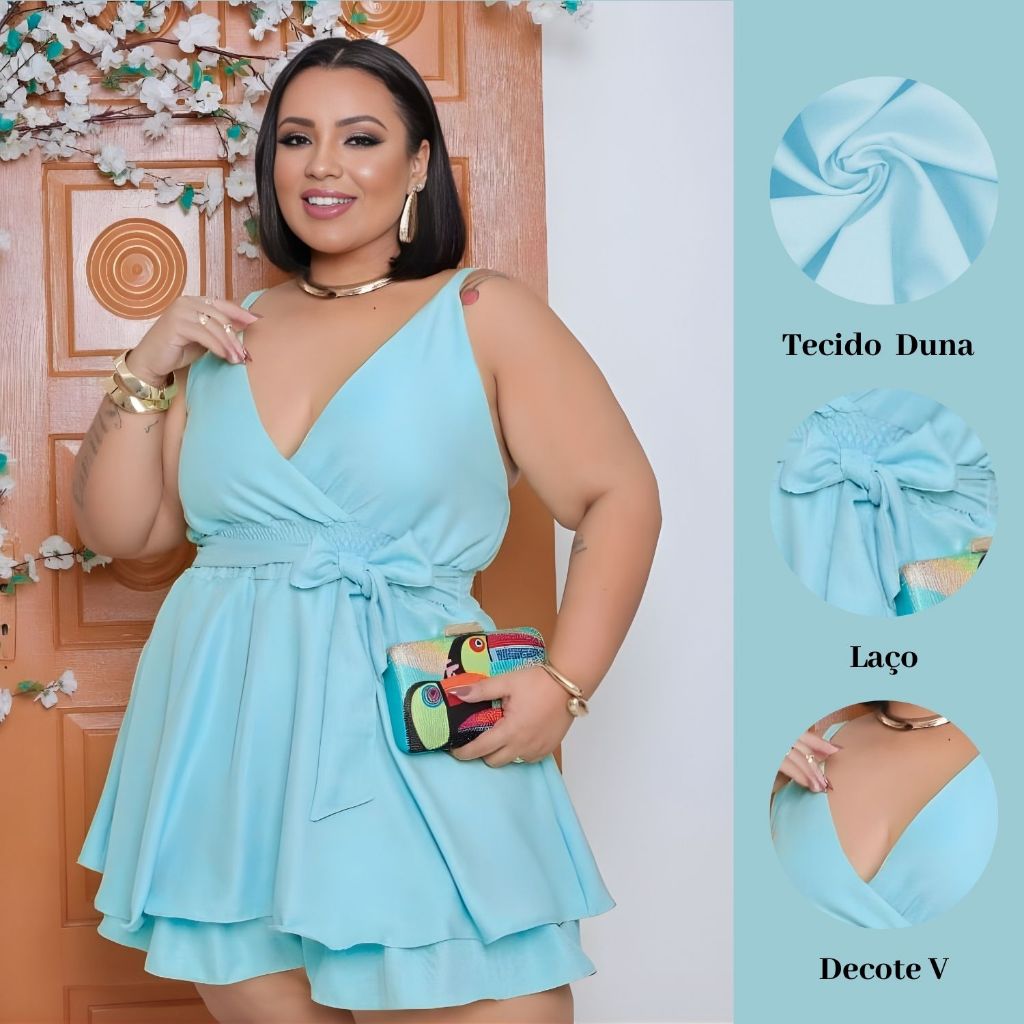 Macaquinho Plus Size Feito do Tecido Duna com Decote V de Alça Fina Regulável com Babadinho e Laço e Elastex na Frente em Oferta na Shopee