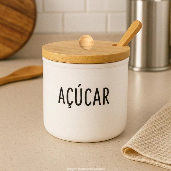 Açucareiro 300ml Premium Linha Doha Com Colher e Tampa de Bambu