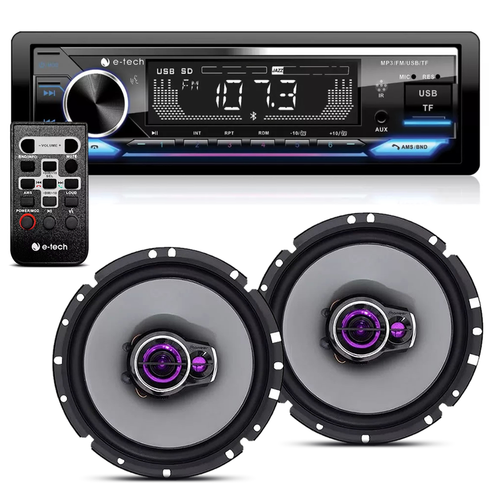 Par de Alto Falante Pioneer 6 pol Ts1760br + Aparelho Mp3 Bluetooth Radio Fm Usb Rca Premium E-Tech
