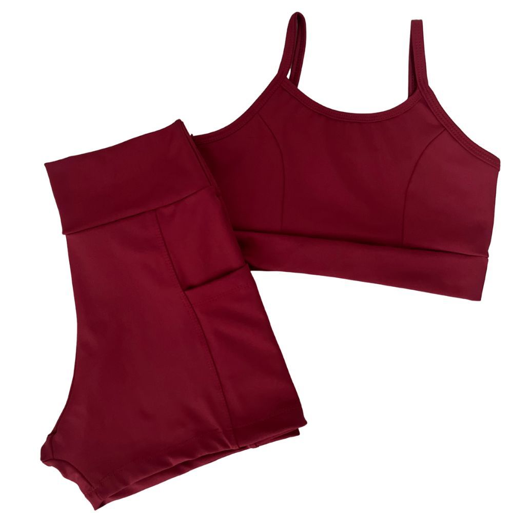 Conjunto Academia Roupa feminina Corrida Shorts Bolso top alça Duplo Treino Fitness Piliamida Vermelho Bordo