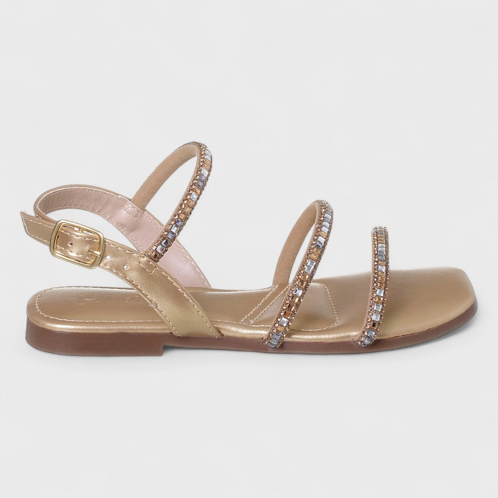 Sandália Infantil Feminina Tiras Com Strass Pedraria Brilho Conforto Dourado