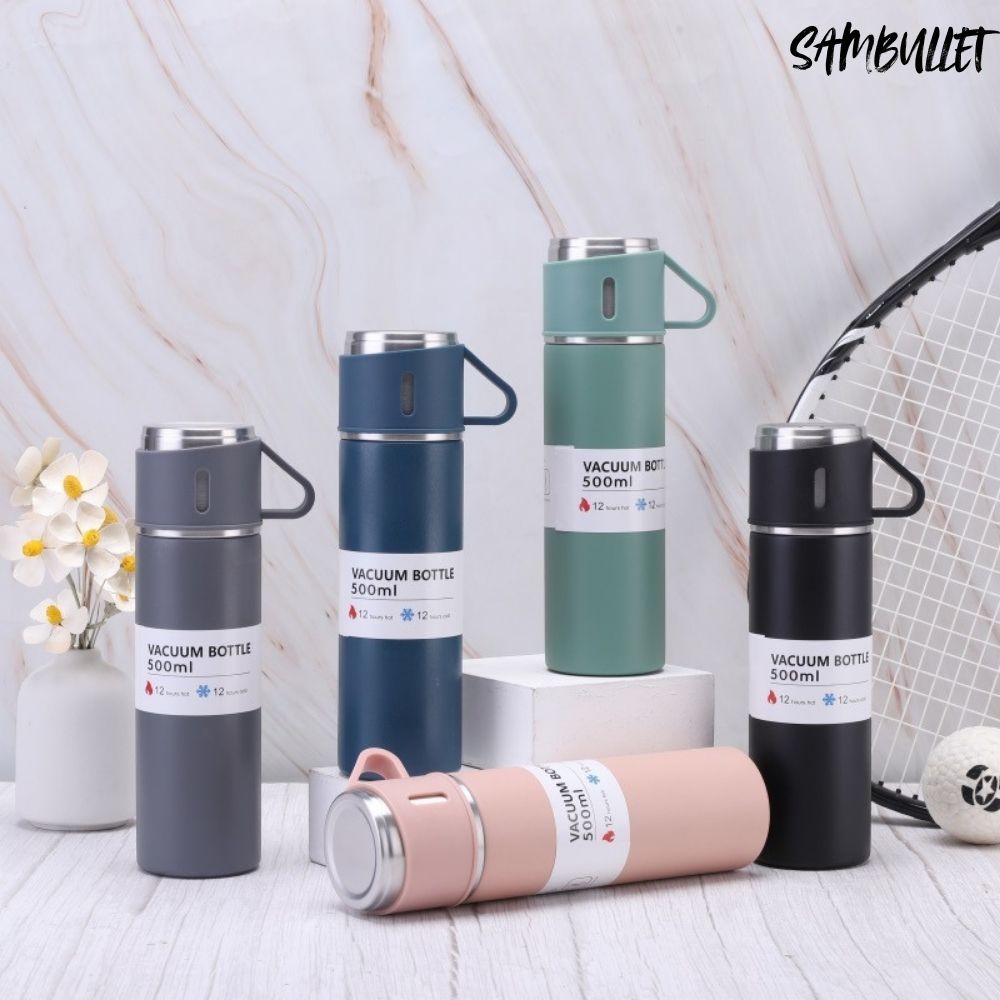 Kit Garrafa com Canecas Térmica Vacuum Bottle Inox 500ml Bebidas Quente e Frias