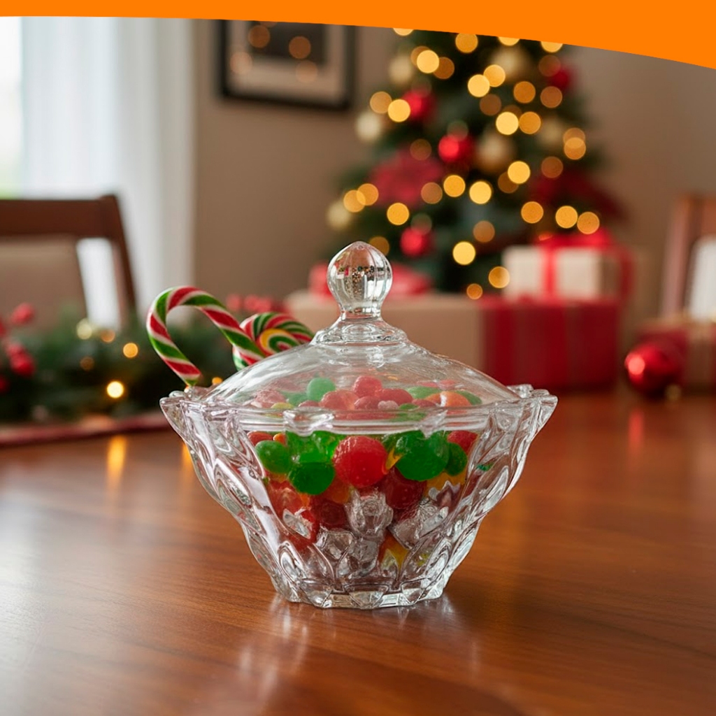 Bomboniere Vidro Decorativo Natal Luxo C/ Tampa 280ML Pote Doces Balas