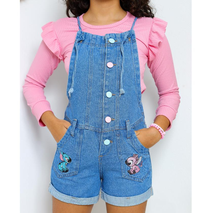 Jardineira Jeans Infantil Femina Stitch e Angiel - Moda Menina em Oferta na Shopee