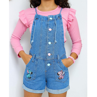Jardineira Jeans Infantil Femina Stitch e Angiel - Moda Menina em Oferta na Shopee
