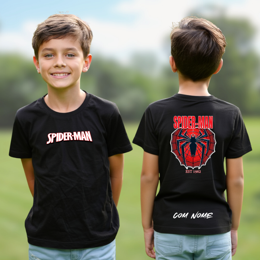 Camiseta Infantil Homem Aranha Spider Man Juvenil Algodão Com Nome Estampada DTF Menino Kids Animado