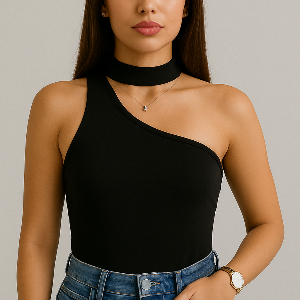 Blusa Feminina Um Ombro Só Mula Manca Gola Choker Elegante - Tendência