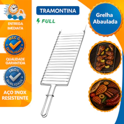 Grelha Dupla Abaulada Dobrável Fecho Aço Inox Assar Peixe Frango Carne Linguiça Churrasco Tramontina
