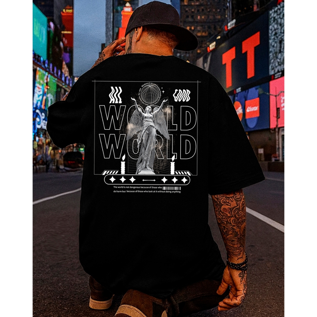 Camiseta Streetwear Masculina Oversized World Angel Estampada Camisa Algodão Penteado Plus Size