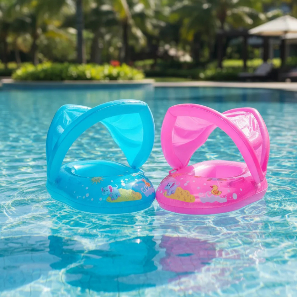 Boia Bebê Com Cobertura Removível Inflável Protege Do Sol Assento Fralda Menino Menina Rosa Azul em Oferta na Shopee