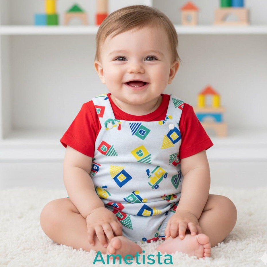 Kit Romper Macaquinho Bebê Menino e Camisa Romper Jardineira e Blusa Estampado Infantil Algodão RN