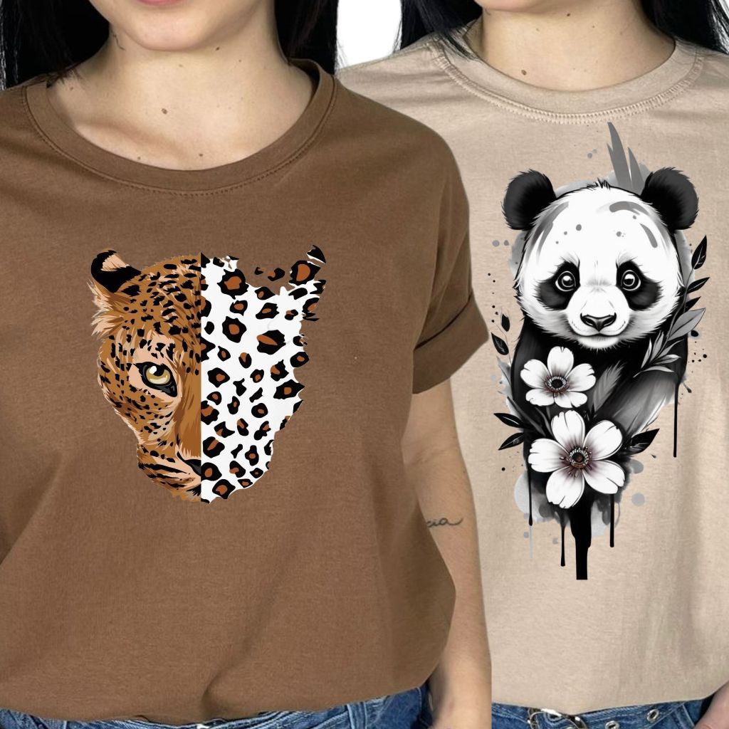 Kit 2 Camisetas Femininas Algodão Estampadas Animal Print T-shirt Tecido Leve Macio Coloridas em Oferta na Shopee
