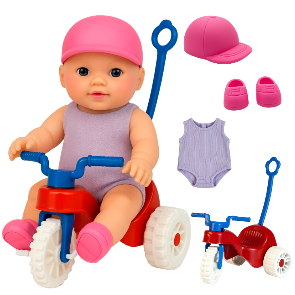 Boneca com Motoca e Acessórios Infantil Bebe Reborn com Triciclo