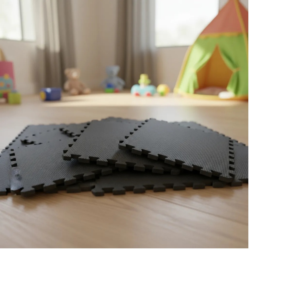 Kit Preto 8 Placas Tapete Tatame EVA 50x50x1cm 10mm com Bordas de Acabamento Infantil Bebê Criança