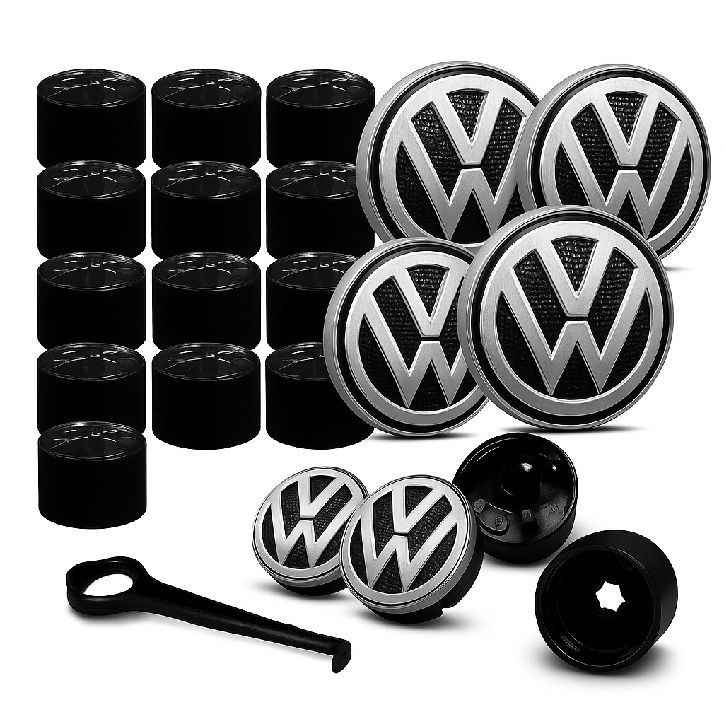 Kit 4 Calotinha Centro Roda Original Vw + Capa Parafuso Roda Kit C/20 Unidades VW Fox Polo Bora Golf