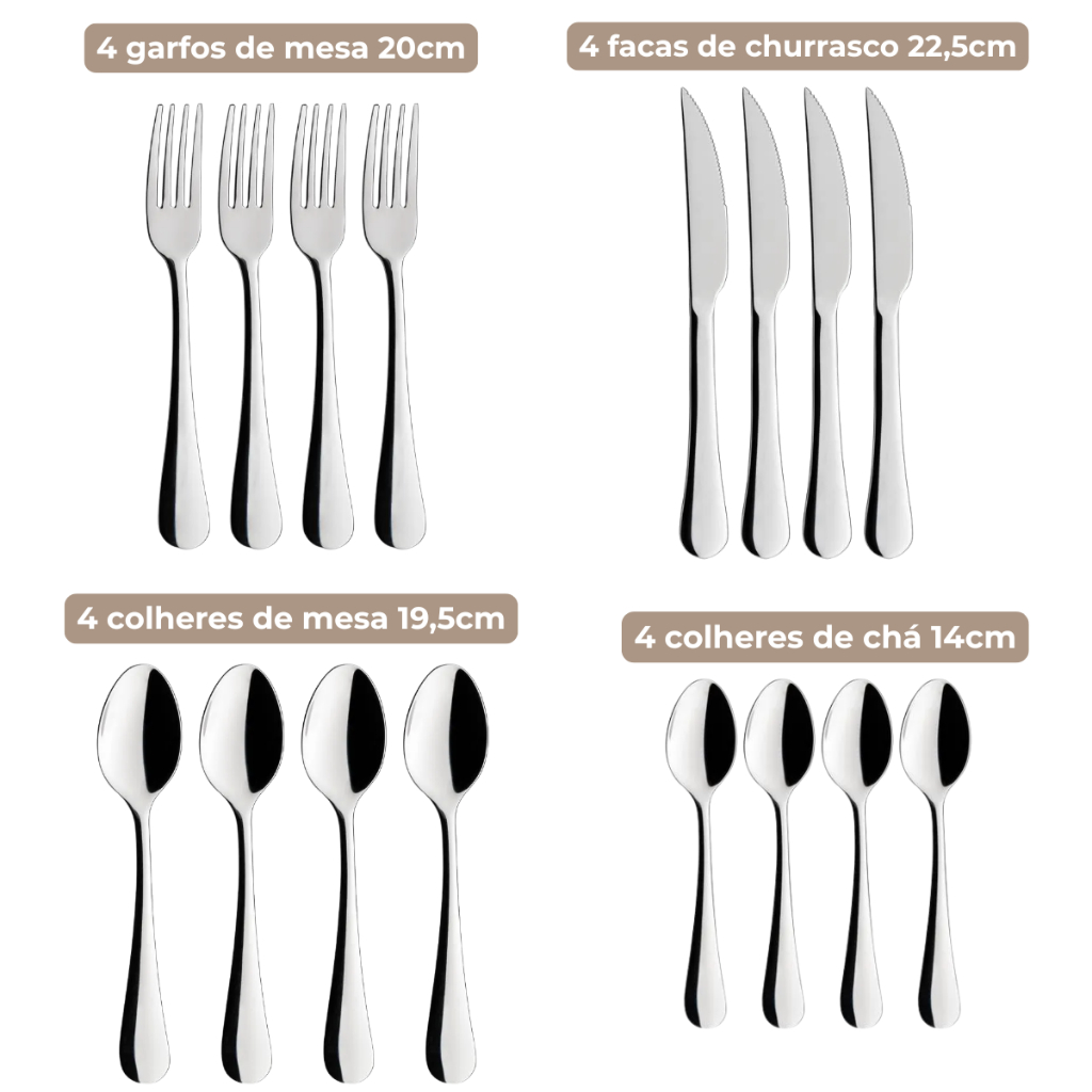 Detalhes do Faqueiro Jogo de Talheres Oxford 16 Peças Aço Inox Profissional Liso Com Faca Churrasco