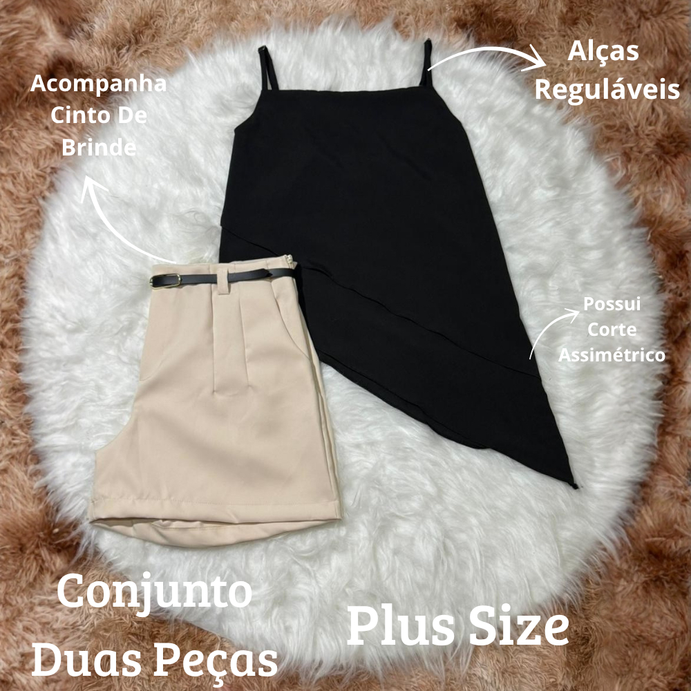 Conjunto Plus Size:Shorts Alfaiataria e Blusinha Assimétrica Elegante Feminina