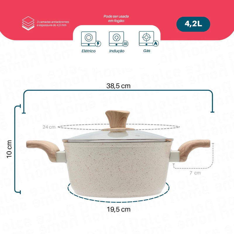 Caçarola Panela 4,3L Antiaderente com Tampa de Vidro e Cabo de Madeira — foto 3
