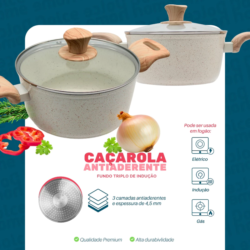 Caçarola Panela 4,3L Antiaderente com Tampa de Vidro e Cabo de Madeira — foto 4
