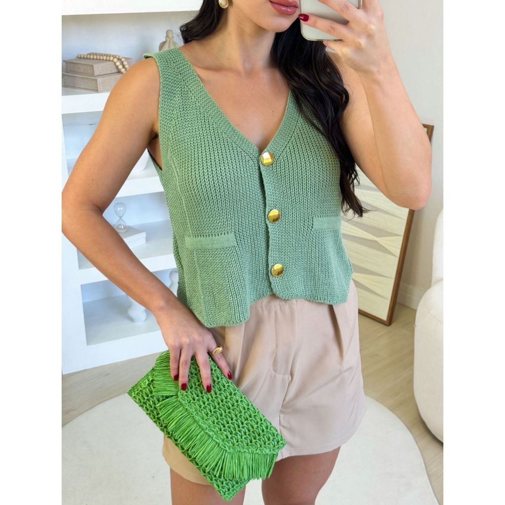 Colete Tricot Feminino Verão Moda Botão Dourado Trico Lançamento Moda