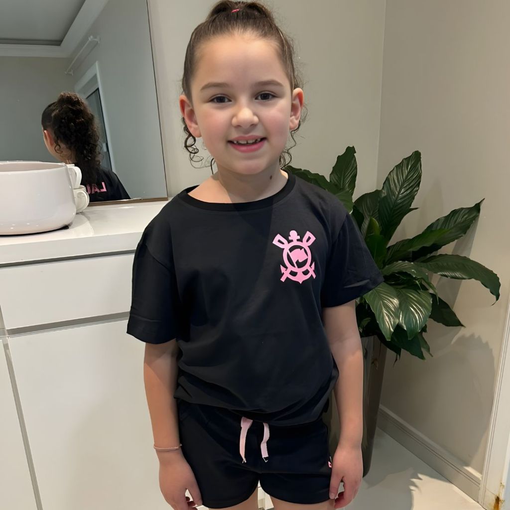 Conjunto Infantil Feminino Preto Rosa Camiseta e Short Algodão Moda Menina Estilosa Confortável